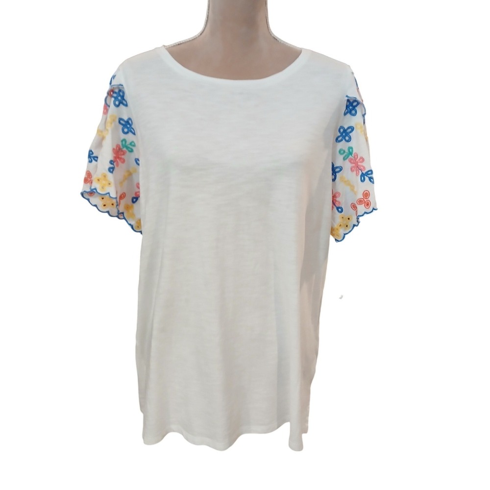 TALBOTS PLUS White Embroidered Floral Flutter Sleeve Top Size X Modest